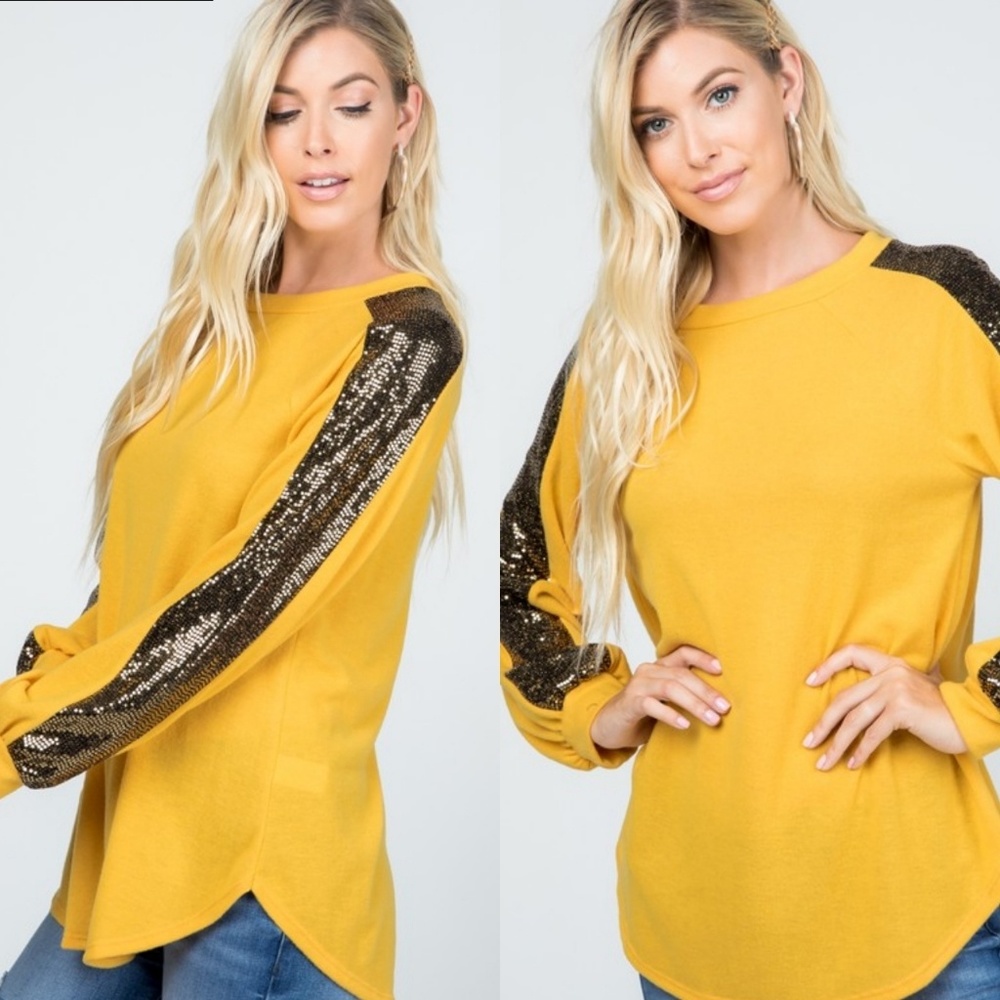 Mustard soft brushed top w/ sequin sleeves - Picture 4 of 9